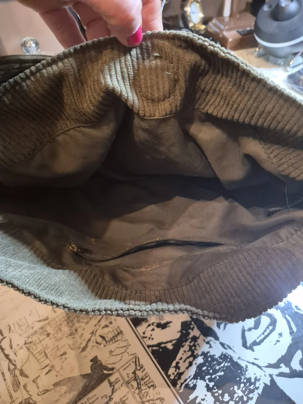 Corduroy Crossbody Bag with Mushroom Patch - Olive Green